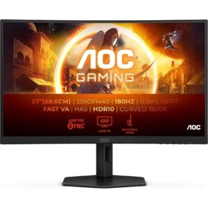 AOC CQ27G4X 27 Inch Curved Quad HD Gaming Monitor, 2560x1440p QHD, 180hz, 0.5ms, HDMI, DisplayPort, 3 Year Manufacturer Warranty