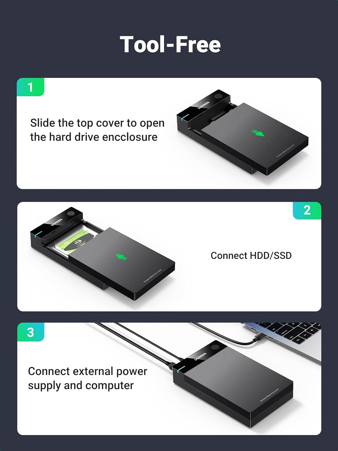 UGREEN Hard Drive Enclosure, SATA to USB 3.0 HDD Caddy for 2.5 3.5 inch SSD HDD Disk up to 22TB with DC Power Adapter, Tool-free Lay-Flat Hard Drive Docking Station for Windows Linux macOS, PS4, Xbox - Image 2