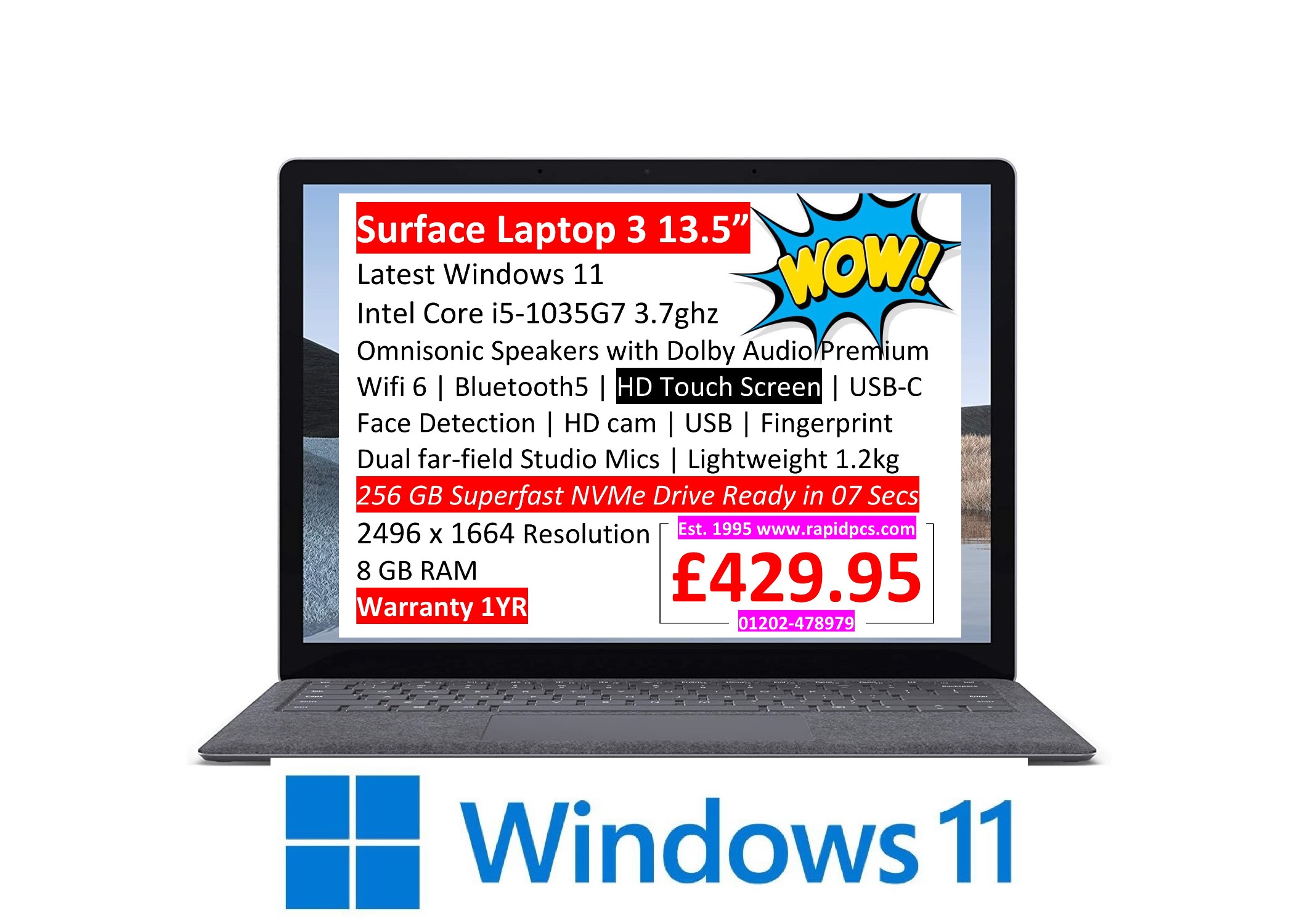Surface Laptop 3 13.5 i5 1035G7 8gb 256gb Touchscreen Windows 11