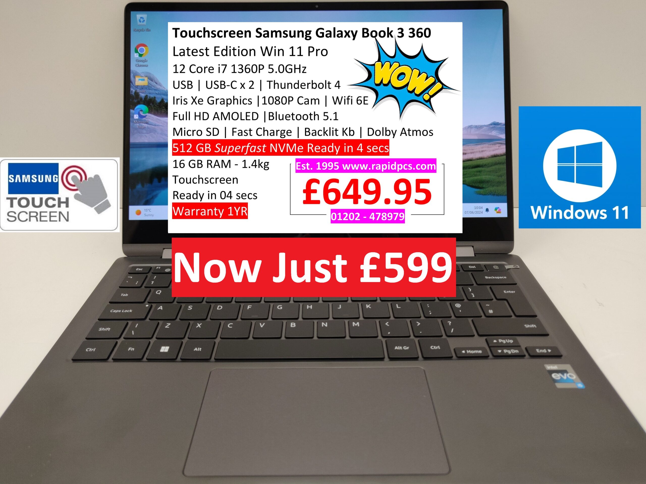 Touchscreen Galaxy Book 3 360 i7 1340P 16gb 512gb Windows 11